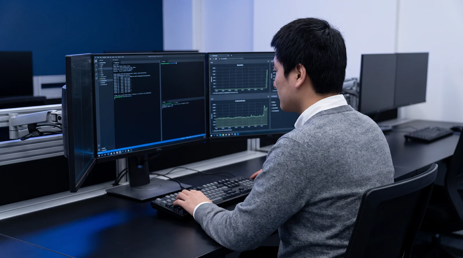 An engineer operating services at a multi-monitor console