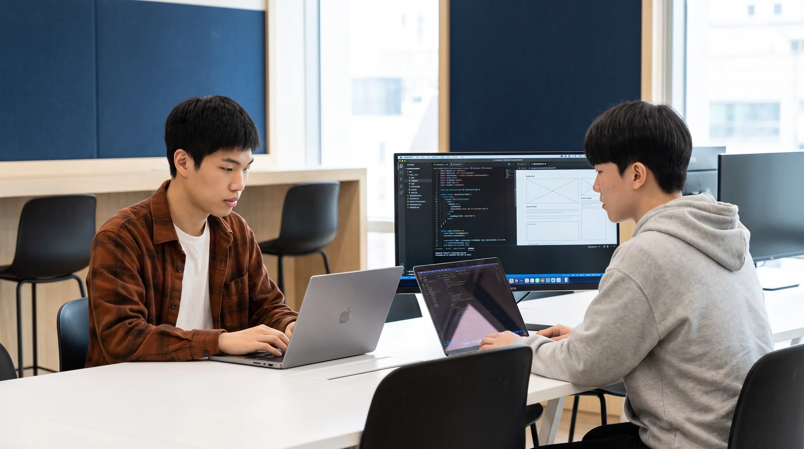 Engineers building solutions side by side in an office