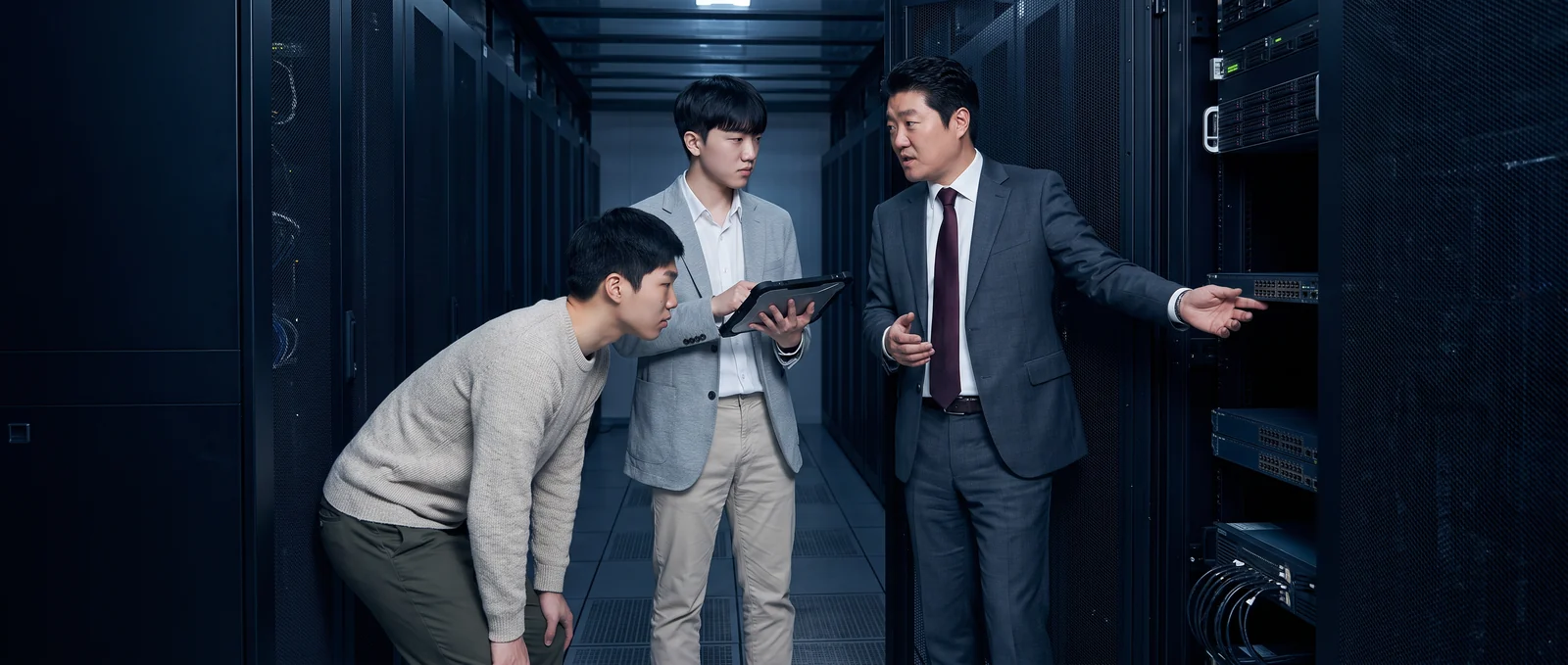 데이터센터 랙 앞에서 선임이 장비를 짚어 설명하고 두 엔지니어가 함께 살펴보는 모습